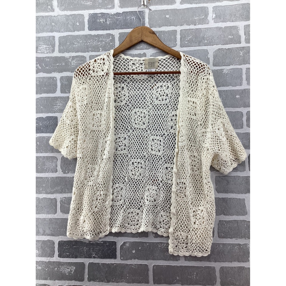 Teddi Vintage Crochet Cardigan Cream Short Sleeve Open Knit Sweater Large 05311